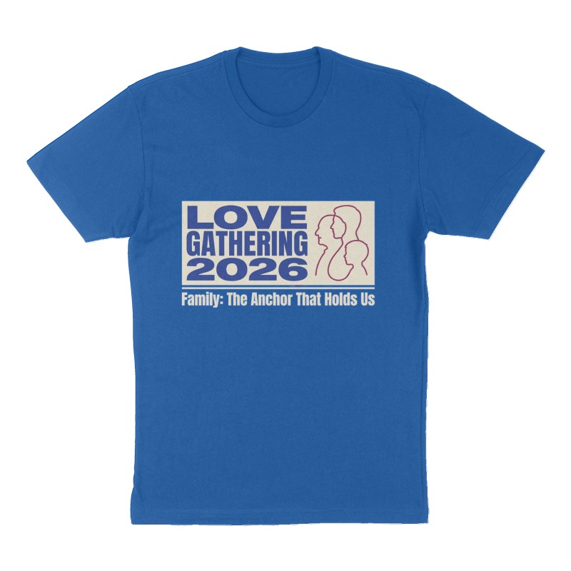Custom t-shirt: "Love Gathering 2026", royal-blue shirt