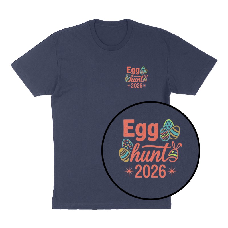 Custom t-shirt: "Egg hunt 2026", Left Chest print, navy shirt