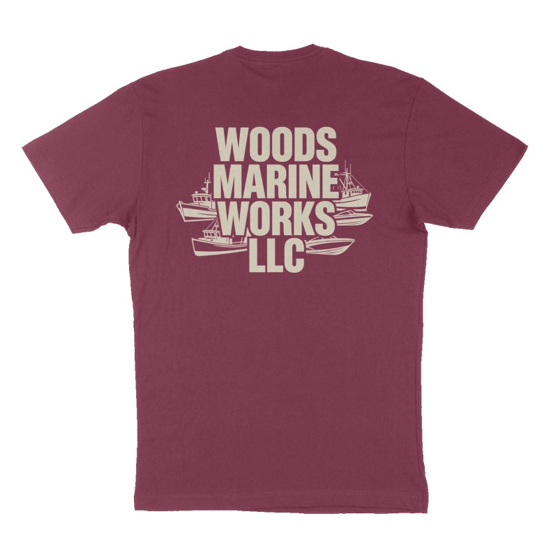 Custom t-shirt: "Woods Marine Works LLC", Back print, maroon shirt