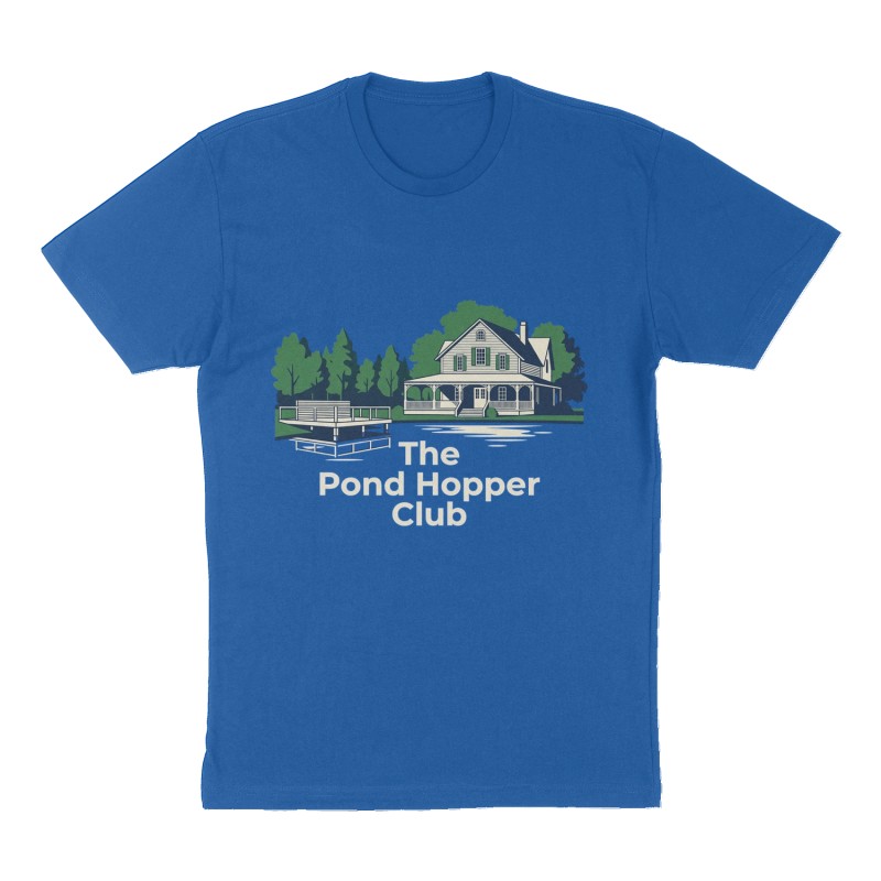 Custom t-shirt: "The Pond Hopper Club", Front print, royal-blue shirt