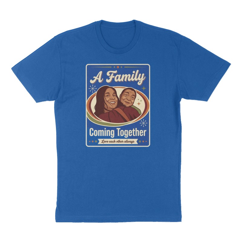 Custom t-shirt: "A Family  coming together ", Front print, royal-blue shirt