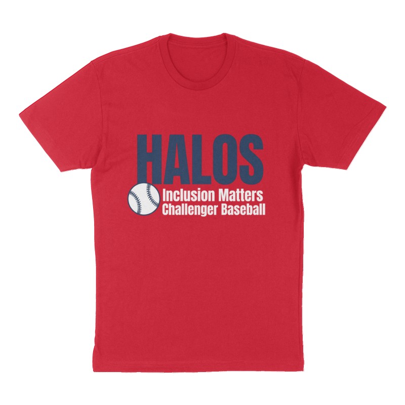 Custom t-shirt: "HALOS", Front print, red shirt