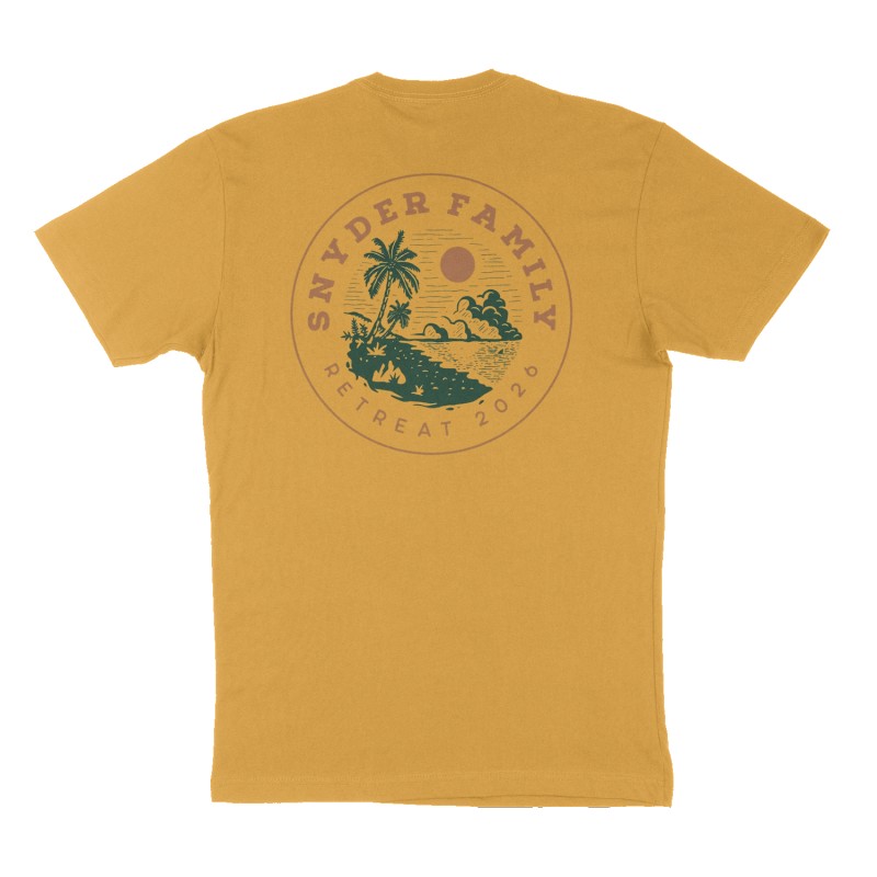 Custom t-shirt design, Back print, mustard-yellow shirt