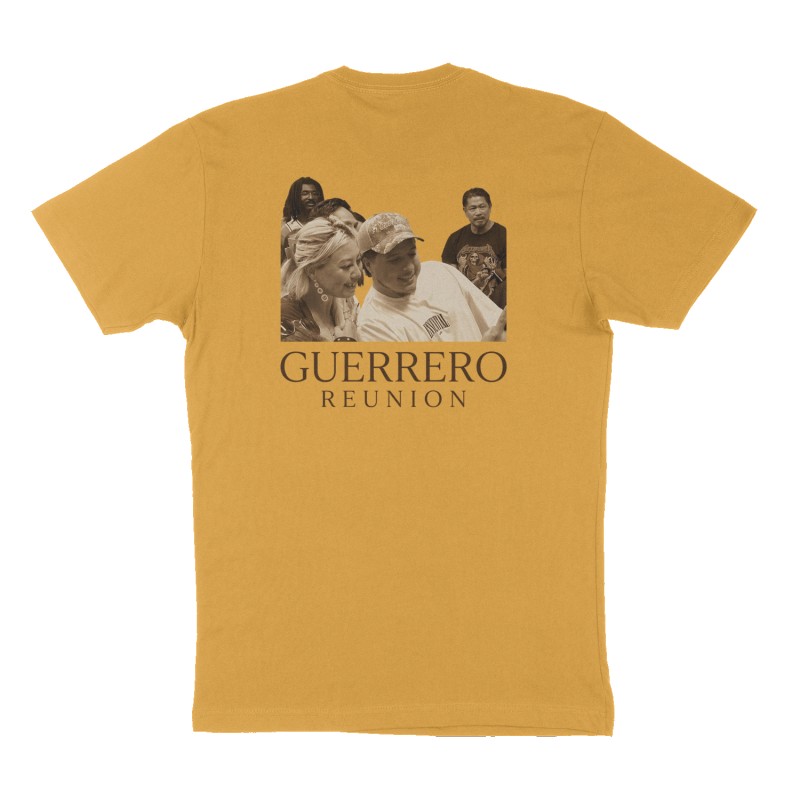 Custom t-shirt: "Guerrero Reunion ", Back print, mustard-yellow shirt