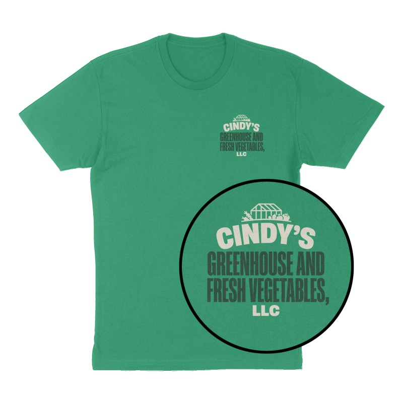 Custom t-shirt: "Cindy’s Greenhouse and Fresh Vegetables, LLC", Left Chest & Back print, green shirt