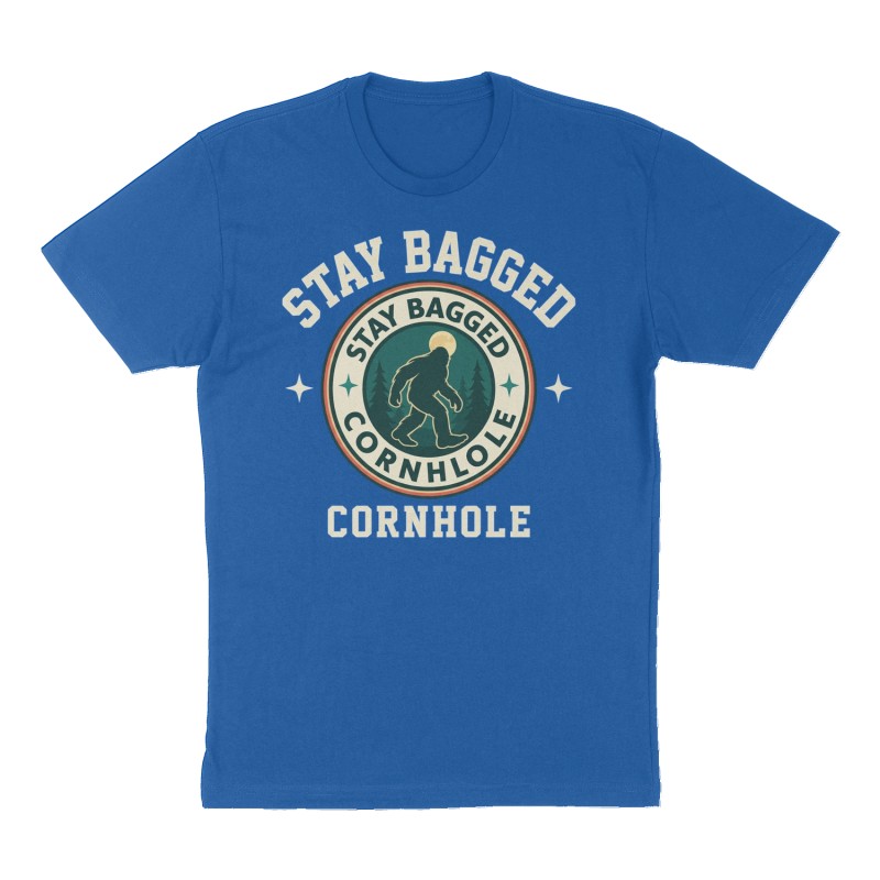 Custom t-shirt: "Stay Bagged Cornhole", Front print, royal-blue shirt