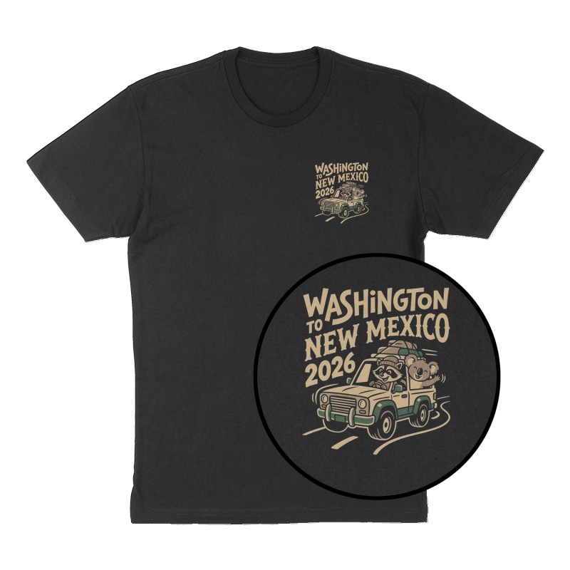 Custom t-shirt: "Washington to New Mexico 2026", Left Chest print, black shirt