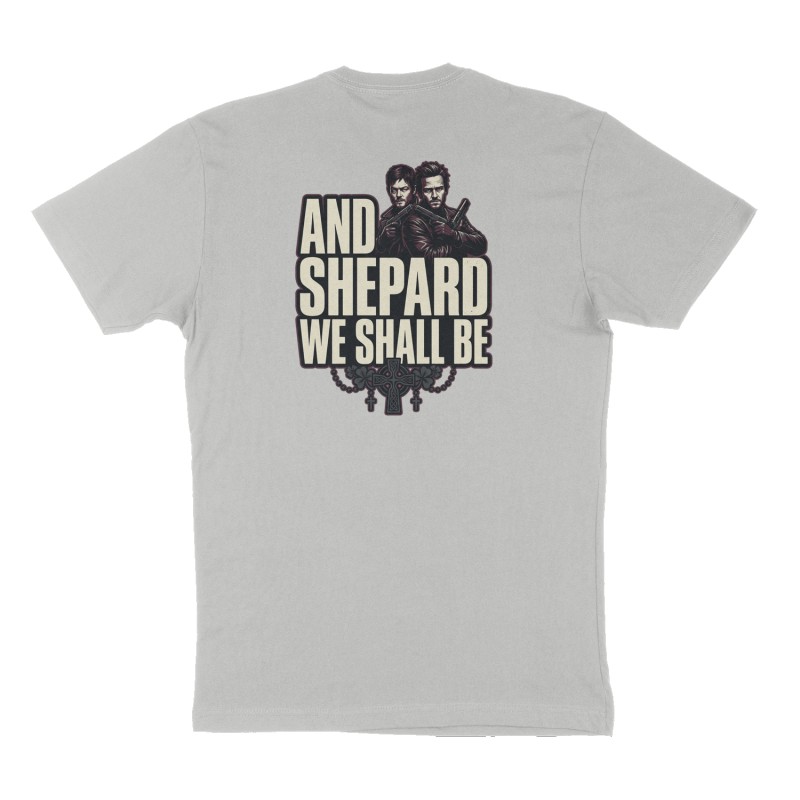Custom t-shirt: "And Shepards We Shall Be", Back print, heather-gray shirt