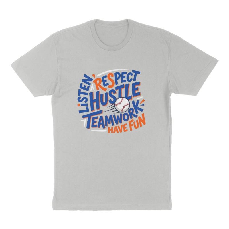 Custom t-shirt: "Listen, Respect, Hustle, Teamwork, Have Fun", Front print, heather-gray shirt