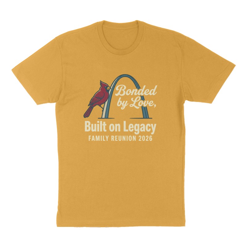 Custom t-shirt: "Bonded by Love, Built on Legacy", Front print, mustard-yellow shirt