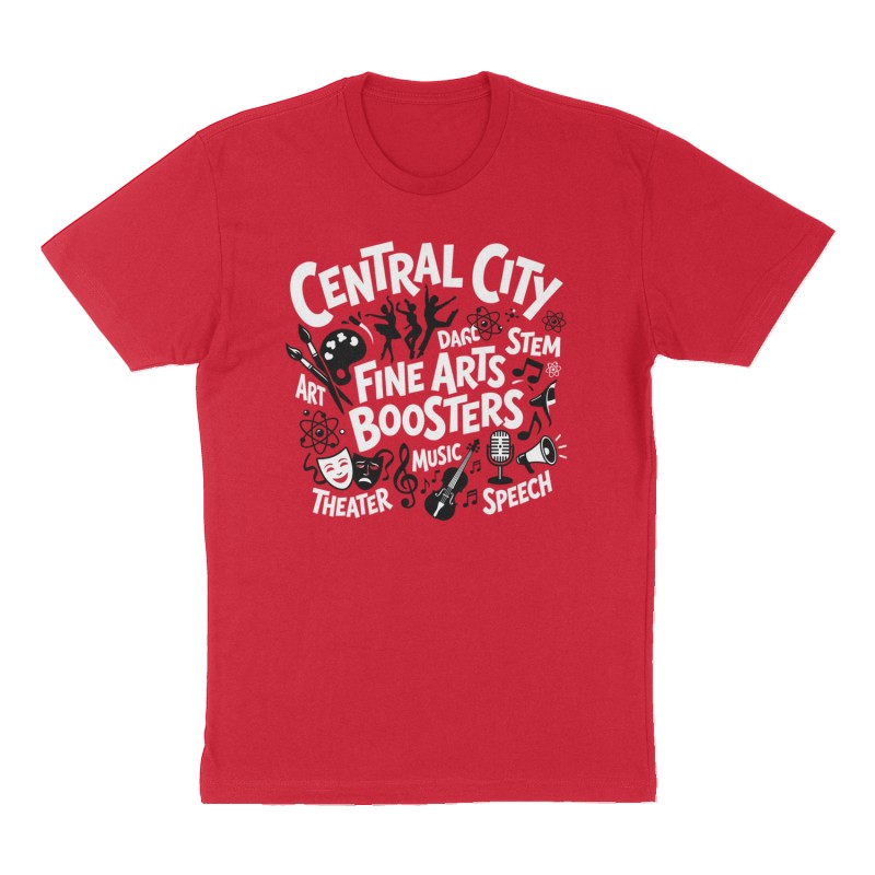 Custom t-shirt: "Central City Fine Arts Boosters", Front print, red shirt