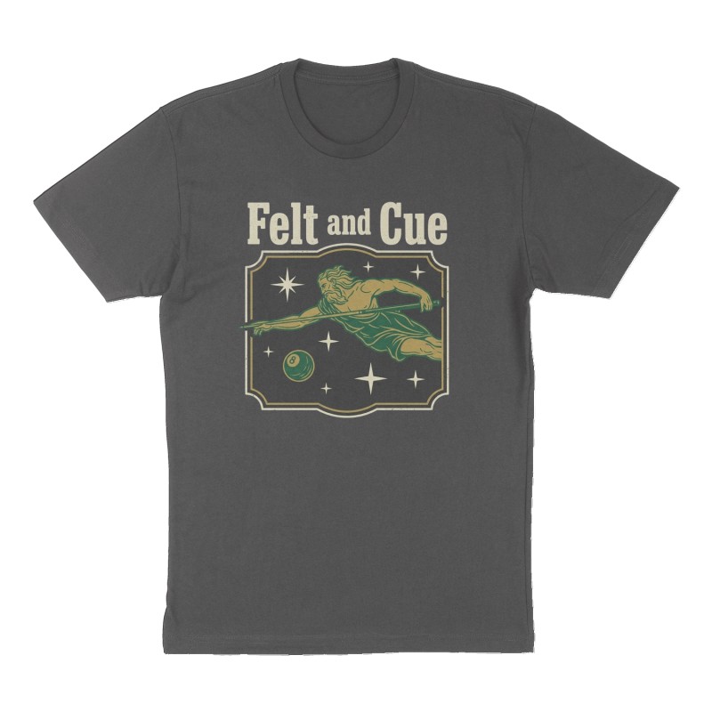 Custom t-shirt: "Felt and Cue ", Front print, charcoal shirt