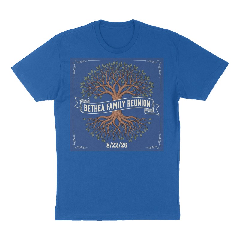 Custom t-shirt: "Bethea Family Reunion", royal-blue shirt