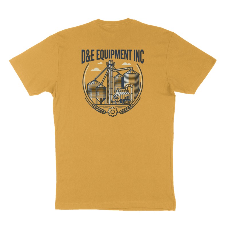 Custom t-shirt: "D&E Equipment Inc", Back print, mustard-yellow shirt