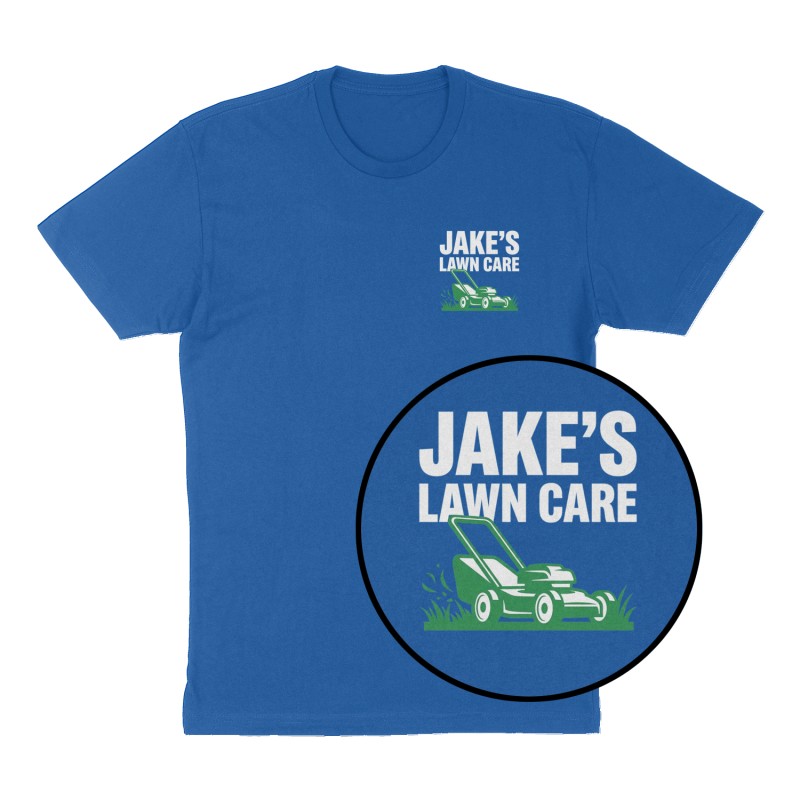 Custom t-shirt: "Jake’s lawn care", Left Chest print, royal-blue shirt