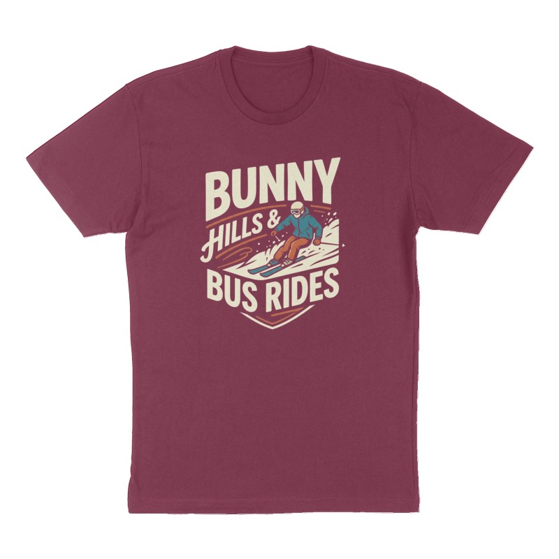 Custom t-shirt: "Bunny Hills & Bus Rides", Front print, maroon shirt
