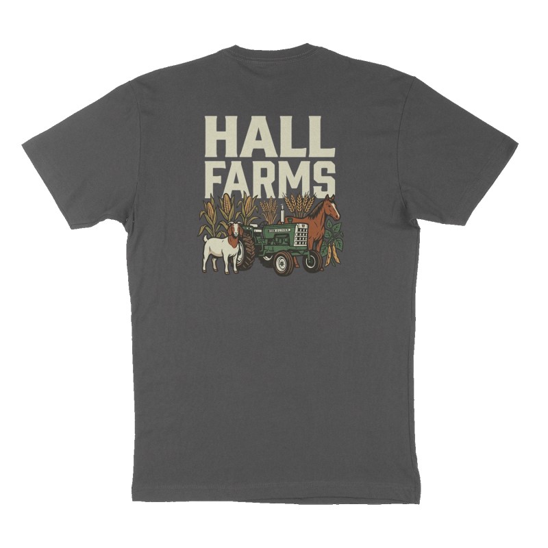 Custom t-shirt: "Hall Farms", Back print, charcoal shirt