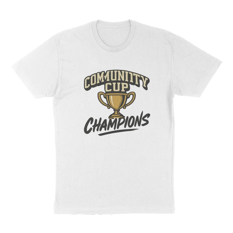 Custom t-shirt: "Community cup champions", Front print, white shirt