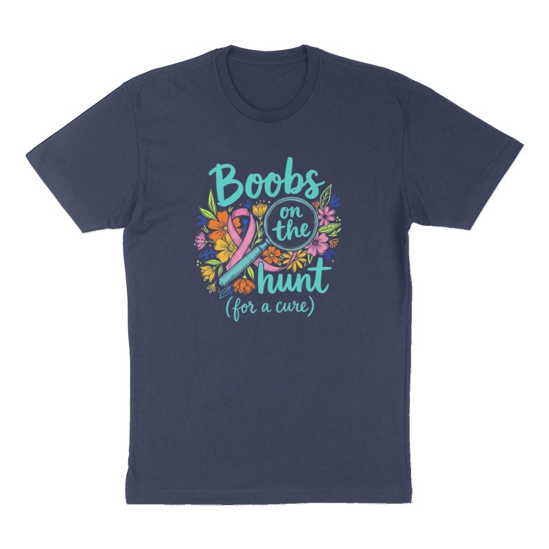 Custom t-shirt: "Boobs on the hunt (for a cure)", Front print, navy shirt