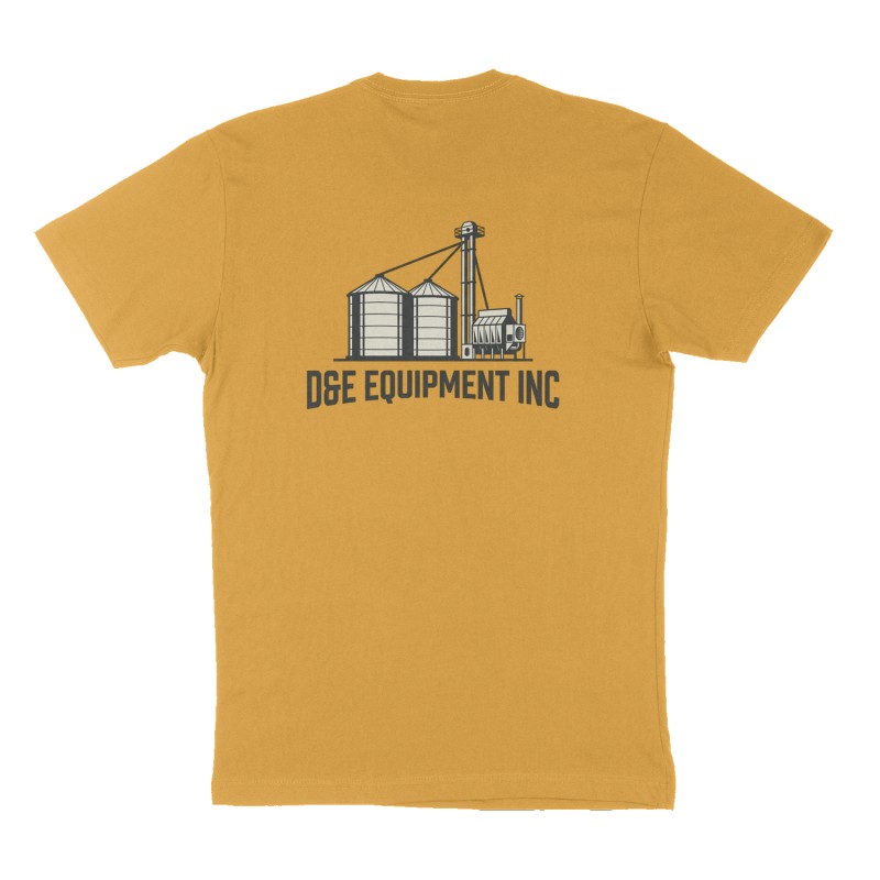 Custom t-shirt: "D&E Equipment Inc", Back print, mustard-yellow shirt