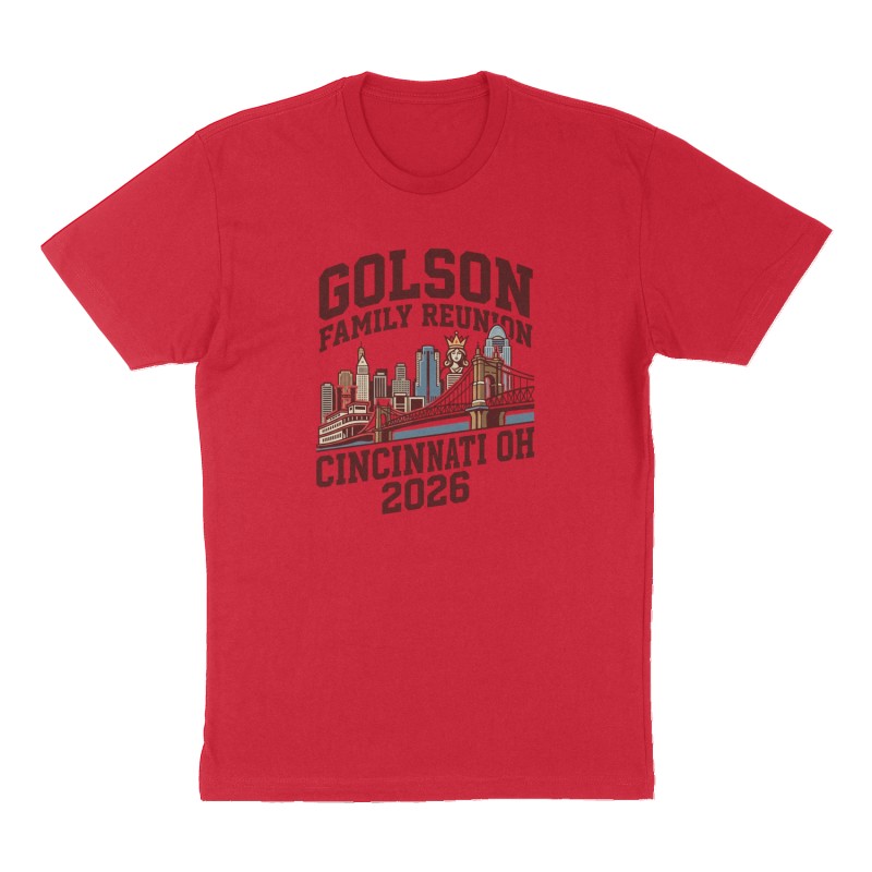Custom t-shirt: "Golson Family Reunion Cincinnati OH 2026", Front print, red shirt