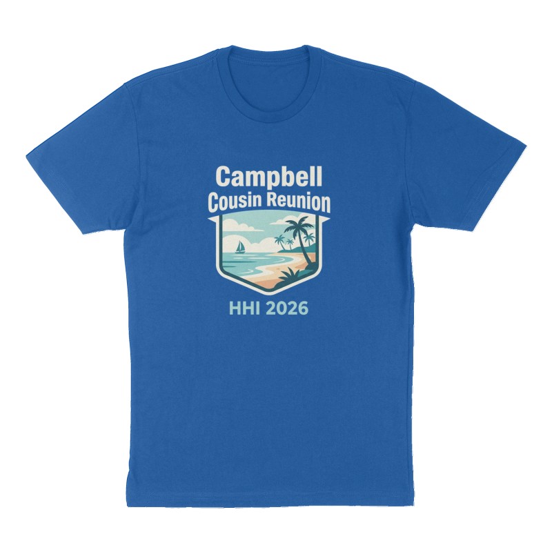 Custom t-shirt: "Campbell Cousin Reunion", Front print, royal-blue shirt