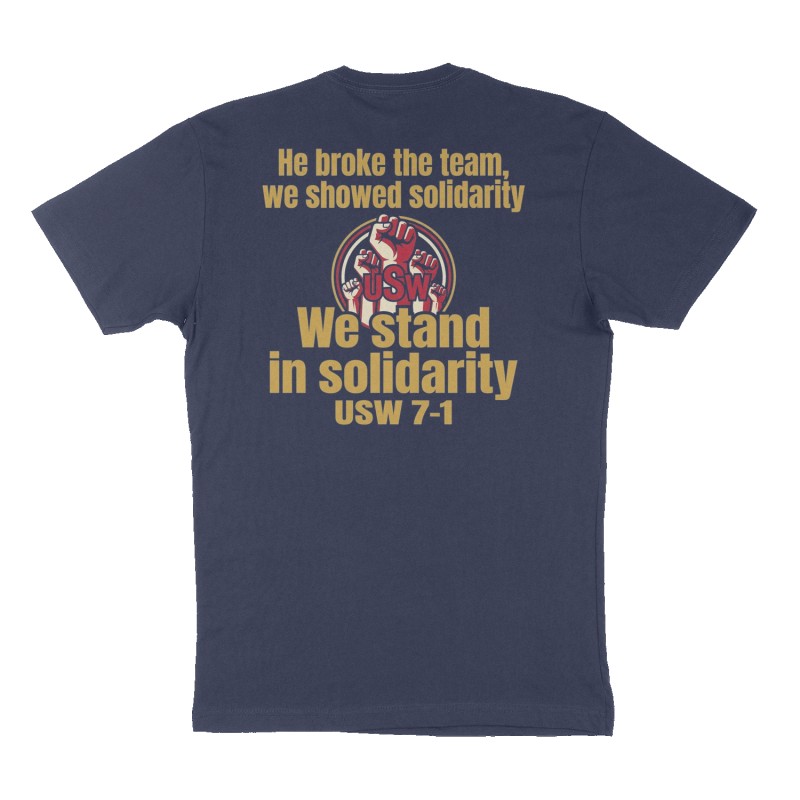 Custom t-shirt: "We stand in solidarity", Back print, navy shirt