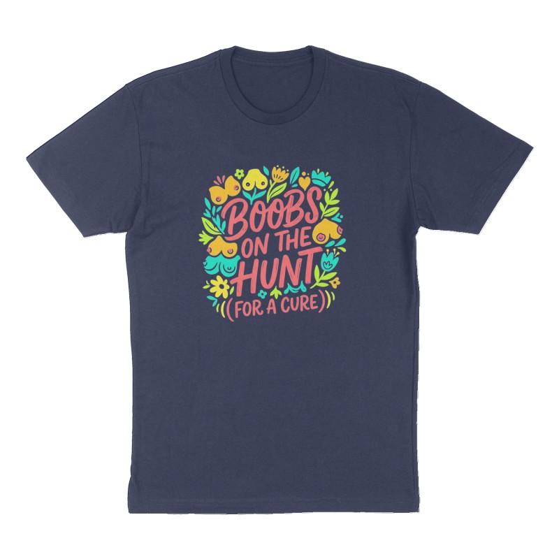 Custom t-shirt: "Boobs on the Hunt (for a cure)", Front print, navy shirt