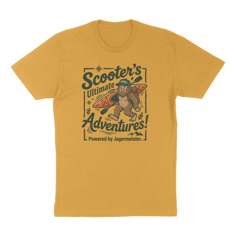 Custom t-shirt: "Scooter’s Ultimate Adventures! Powered by Jagermeister.", Front print, mustard-yellow shirt