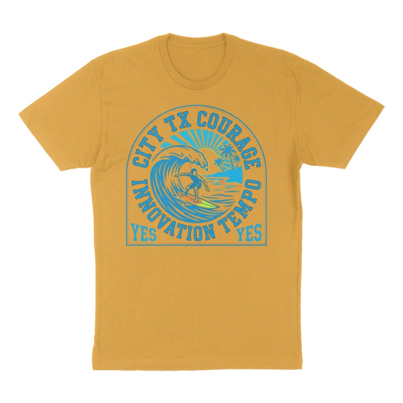 Custom t-shirt: "City Tx Courage Innovation Tempo Yes", Front print, mustard-yellow shirt
