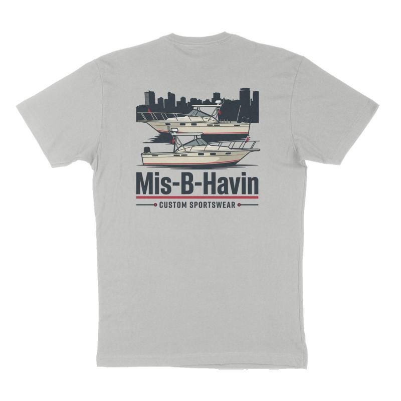 Custom t-shirt: "Mis-B-Havin", Back print, heather-gray shirt