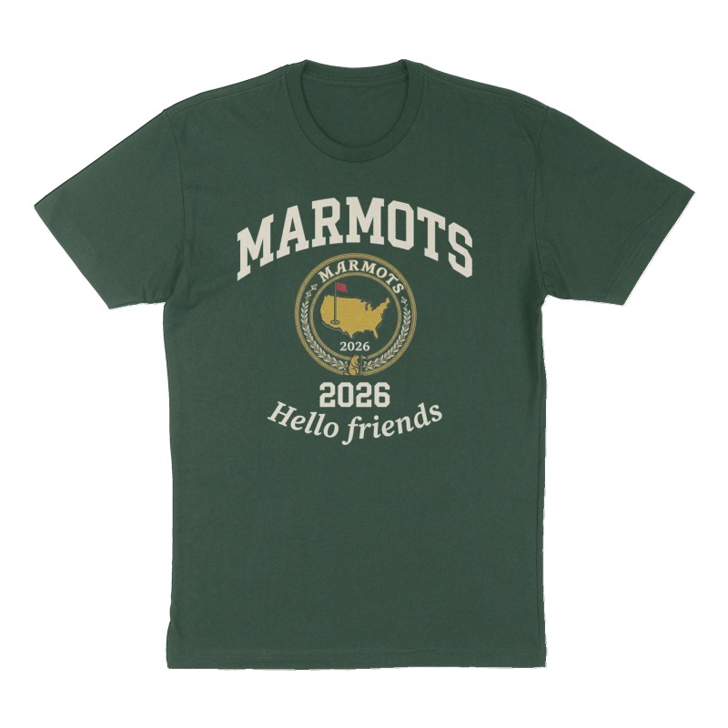 Custom t-shirt: "Marmots 2026 Hello friends", Front print, forest-green shirt