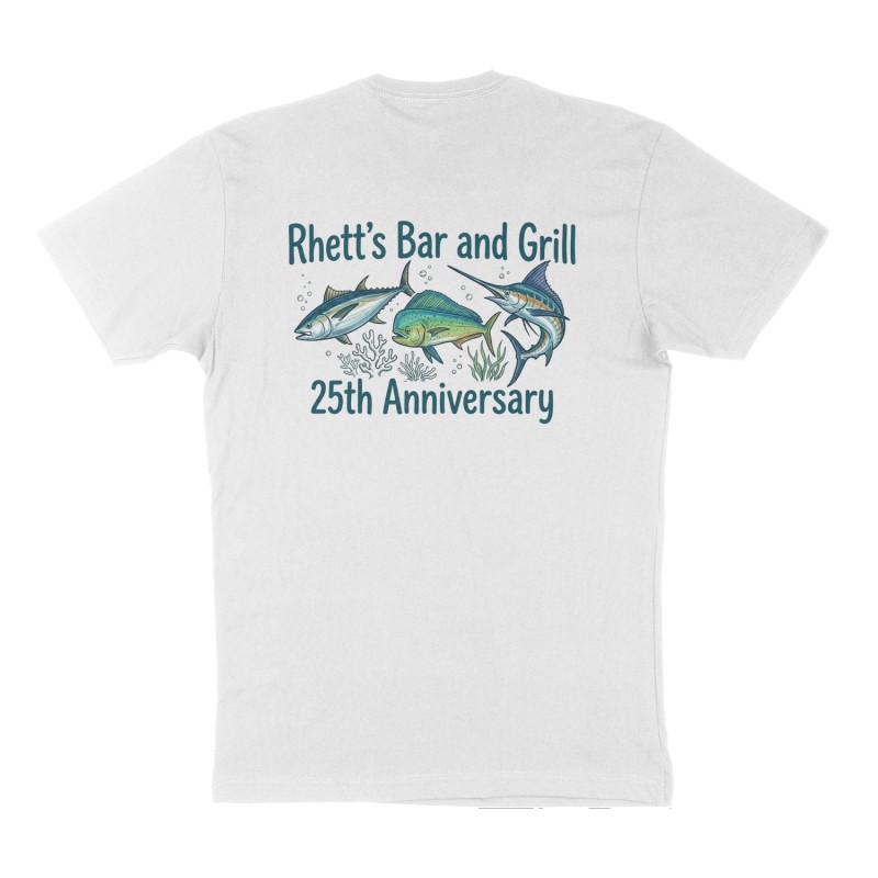 Custom t-shirt: "Rhett’s Bar and Grill", Back print, white shirt
