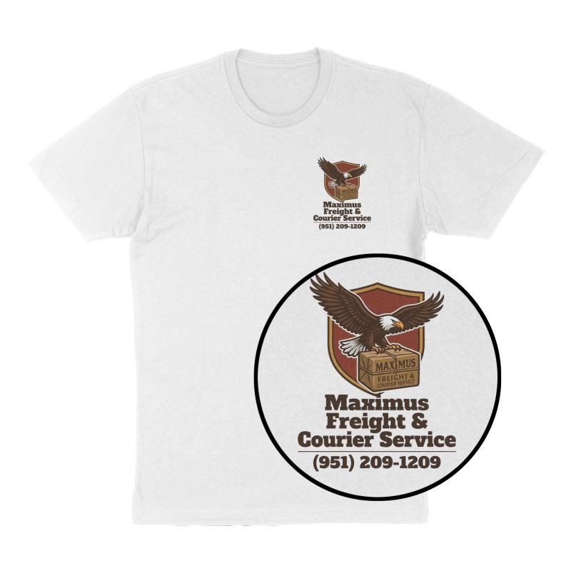 Custom t-shirt: "Maximus Freight & Courier Service ", Left Chest print, white shirt