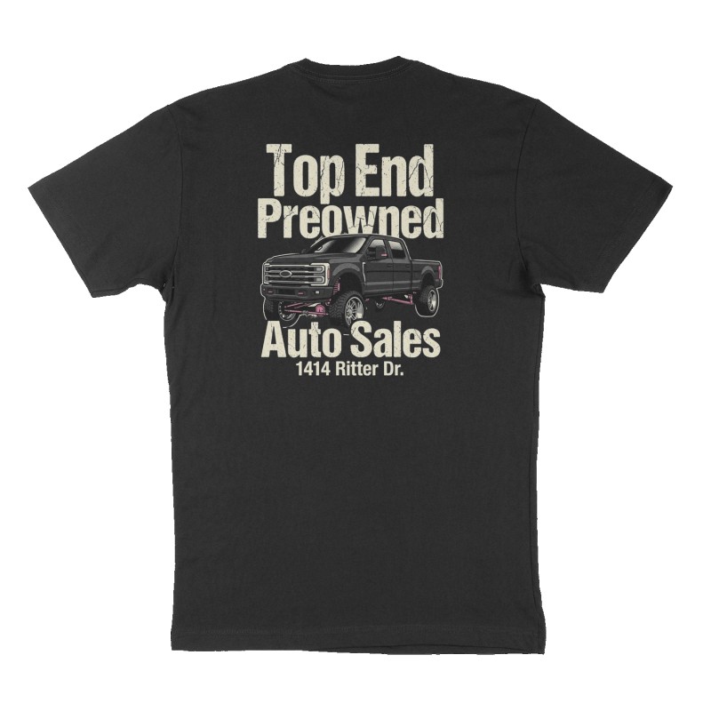 Custom t-shirt: "Top End Preowned Auto Sales", Back print, black shirt