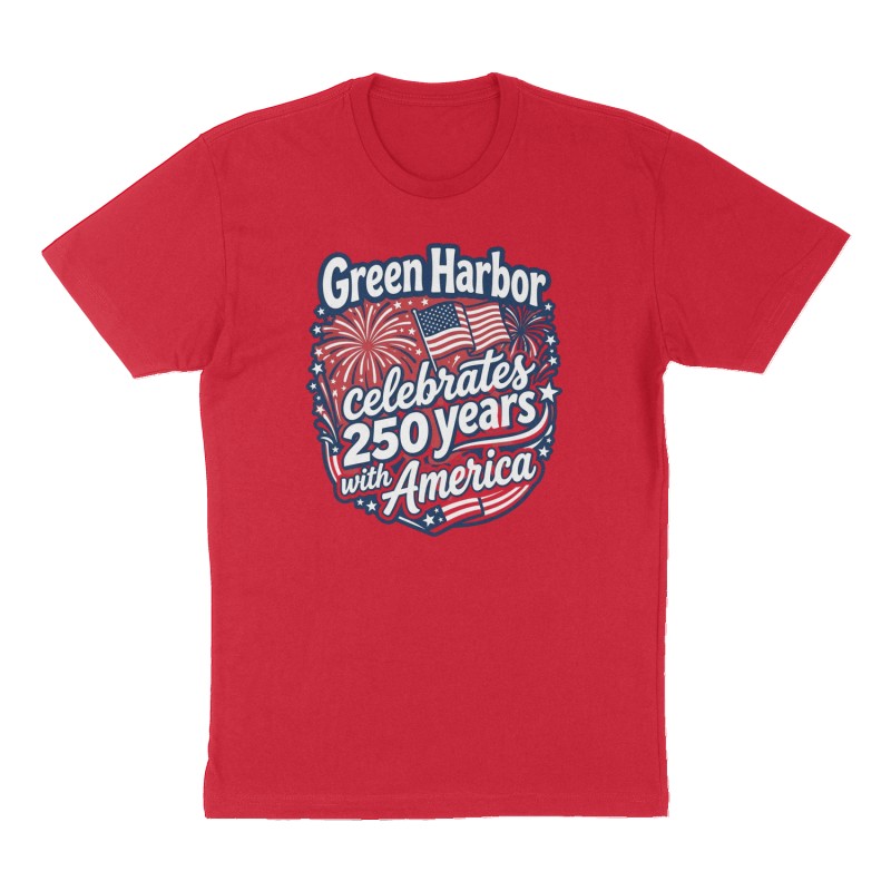 Custom t-shirt: "Green Harbor celebrates 250 years with America", Front print, red shirt