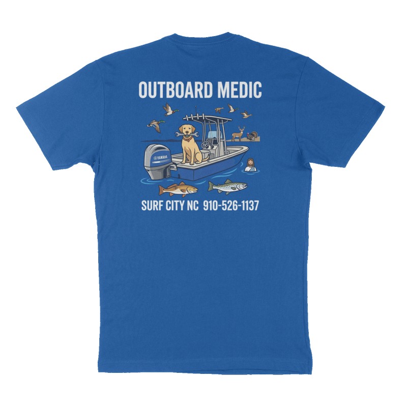 Custom t-shirt: "OUTBOARD MEDIC ", Back print, royal-blue shirt
