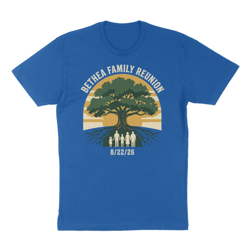 Custom t-shirt: "Bethea Family Reunion", royal-blue shirt