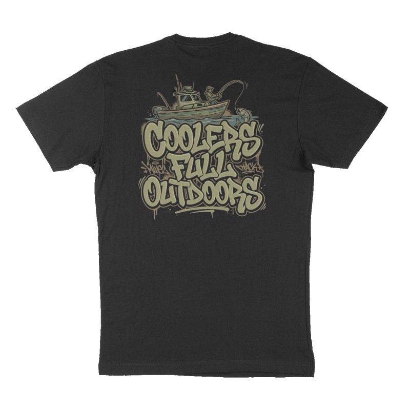 Custom t-shirt: "Coolers full outdoors", Back print, black shirt