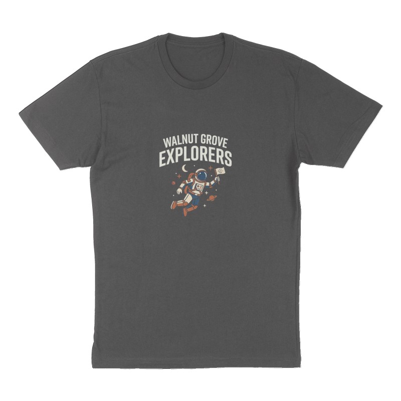 Custom t-shirt: "Walnut Grove Explorers", Front print, charcoal shirt