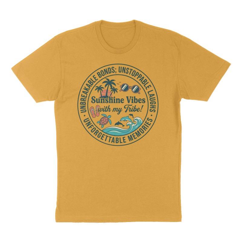 Custom t-shirt: "on the front of the t shirt in a circle it should say: Unbreakable Bonds; Unstoppable Laughs; Unforgettable Memories. Inside the circle,  on the front of the shirt it would say ; Sunshine Vibes with my Tribe!  Pictures of Palm trees, Sun, sunglasses, flip flops, turtles and dolphins", Front print, mustard-yellow shirt