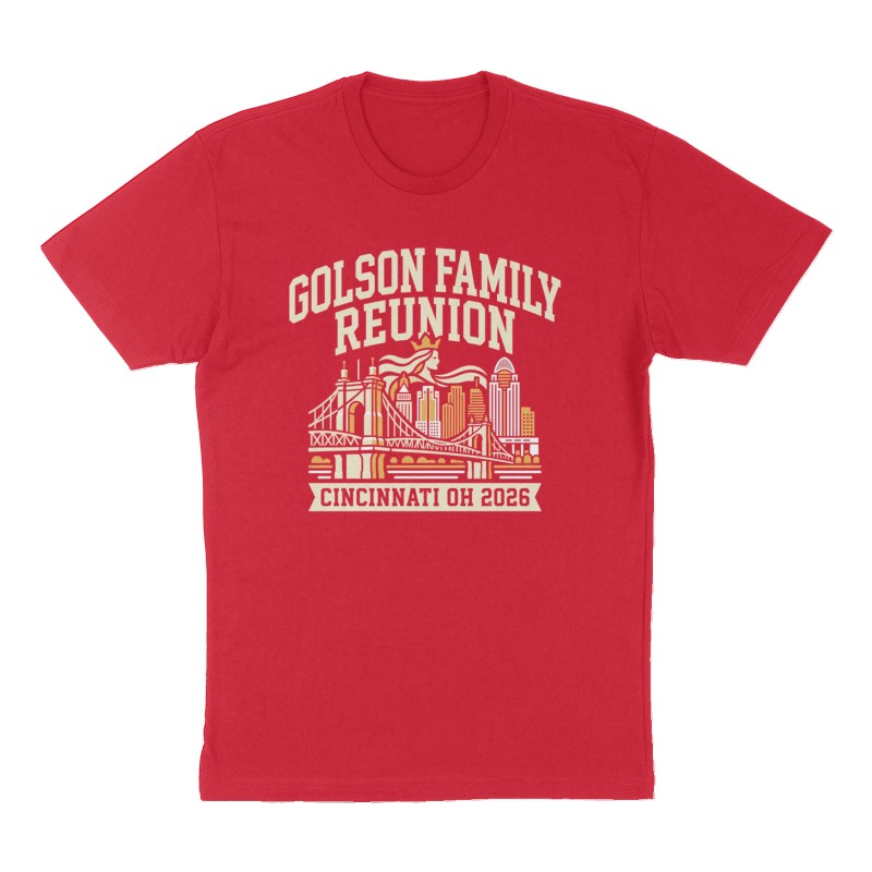 Custom t-shirt: "Golson Family Reunion Cincinnati OH 2026", Front print, red shirt