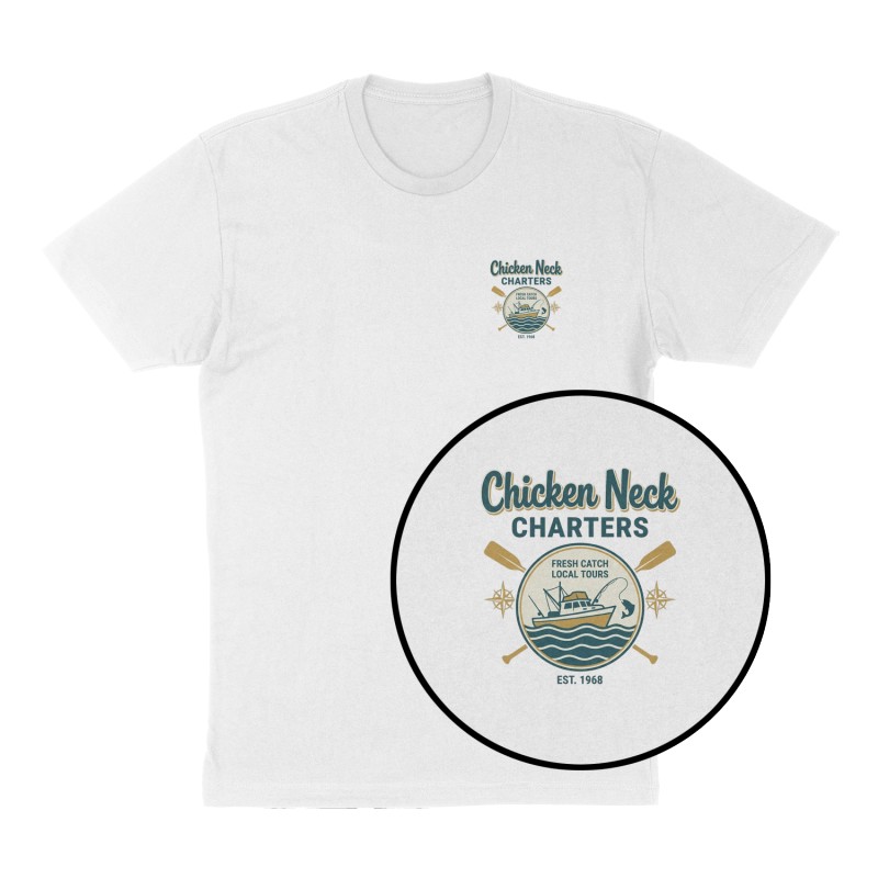 Custom t-shirt: "Chicken Neck Charters", Left Chest print, white shirt