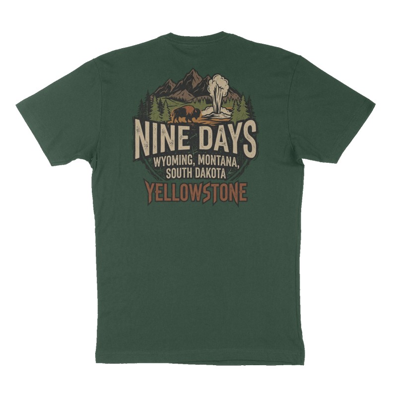 Custom t-shirt: "Nine Days Wyoming, Montana, South Dakota", Back print, forest-green shirt