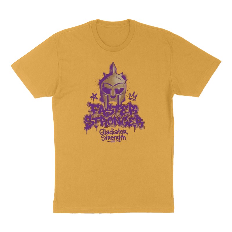 Custom t-shirt: "Faster Stronger", Front print, mustard-yellow shirt