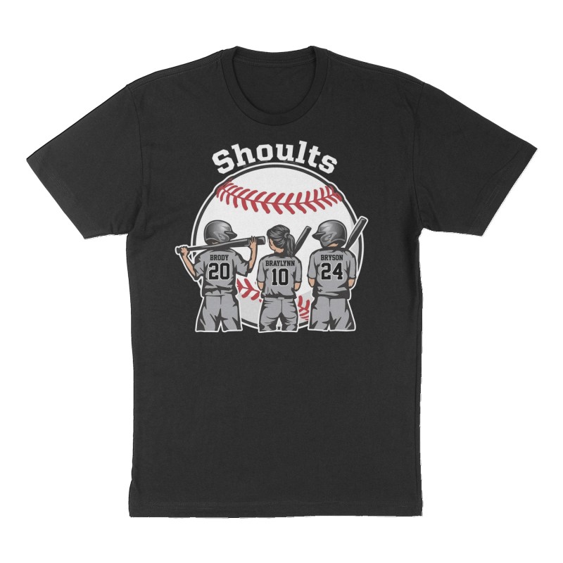 Custom t-shirt: "Shoults ", Front print, black shirt