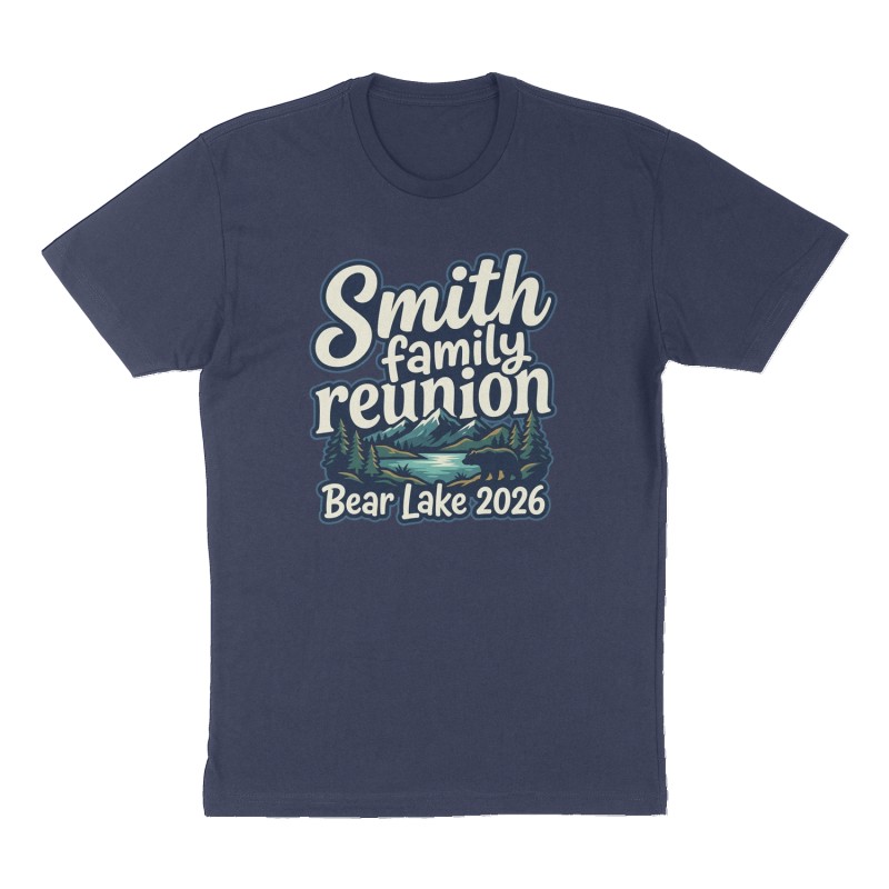 Custom t-shirt: "Smith family reunion", Front print, navy shirt