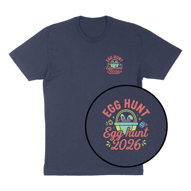 Custom t-shirt: "Egg hunt 2026", Left Chest print, navy shirt
