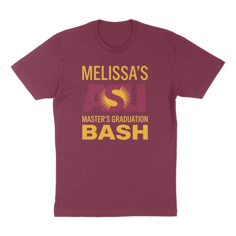 Custom t-shirt: "Melissa's Master's Graduation Bash", Front print, maroon shirt