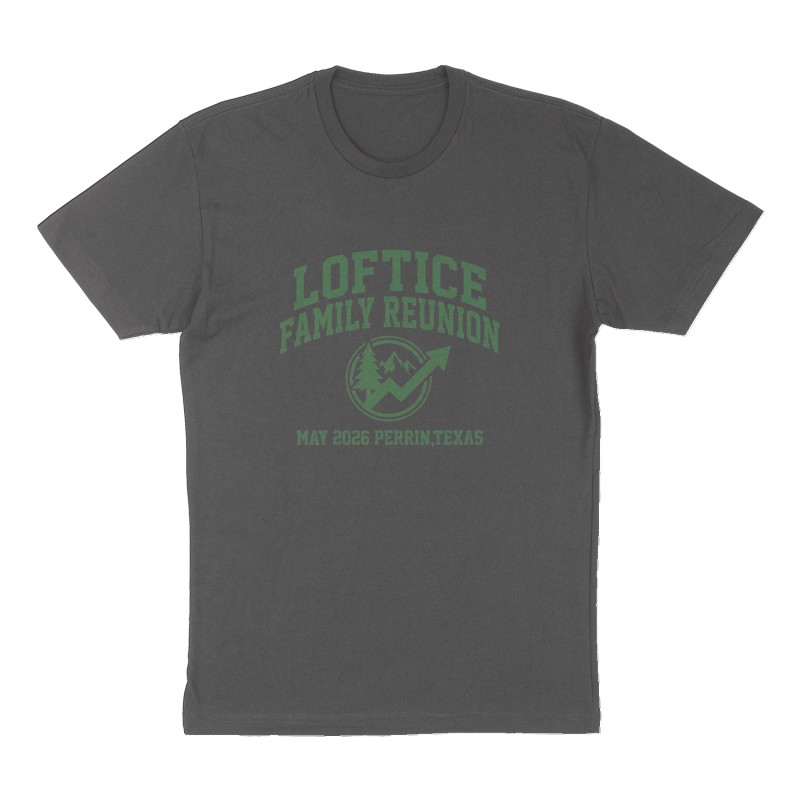 Custom t-shirt: "Loftice Family Reunion", Front print, charcoal shirt